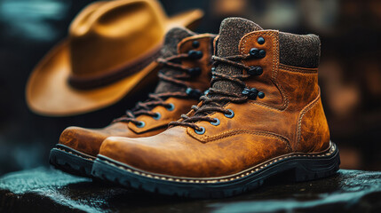Stylish brown leather boots displayed beside a classic brown cowboy hat in a rustic setting