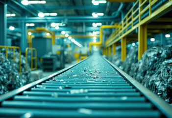 Conveyor belts move recyclable materials through a wide industrial space, highlighting the efficiency of resource processing.