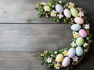 Obraz premium Easter decorations wreath DIY concept. Easter wreath with pastel eggs and flowers on a wooden background.