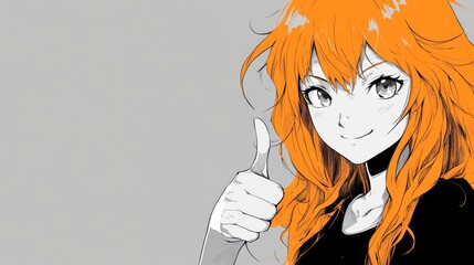 Vibrant Anime Girl Giving Thumbs Up in Minimalistic Monochrome Background