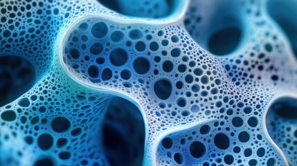 Close-up view of intricate blue and white cellular structure revealing detailed patterns and textures of a biological specimen