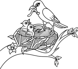 Mother blue bird feeding babies in a nest out line art