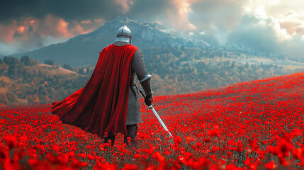 A medieval warrior in armor and a red cloak stands in a vast field of vibrant red poppies, symbolizing themes of bravery, history, honor, and dramatic landscapes.