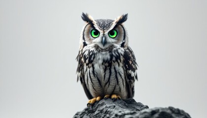 Fototapeta premium Majestic owl with striking green eyes perched on rock