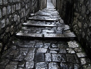 Wet Stone Steps Alleyway Cobblestone Street