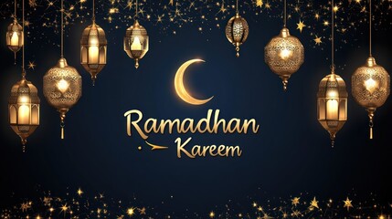 Ramadan Kareem: Festive Greeting Card with Golden Lanterns and Crescent Moon