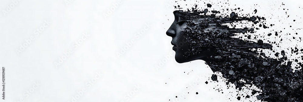 Poster a silhouette of a face dissolves into dark particles, creating a striking visual that symbolizes tra