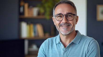Obraz premium Portrait of a cheerful middle-aged man with glasses, wearing a polo shirt, standing in his home office, looking warmly into the camera