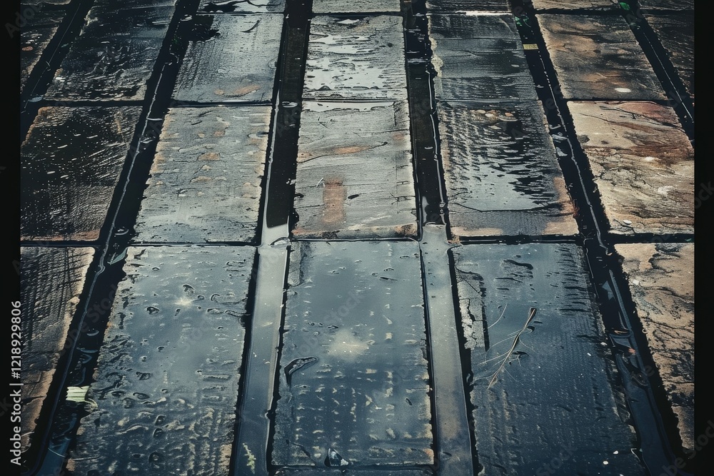 Poster wet cobblestone pavement reflecting light, creating a moody atmosphere in a street scene, showcasing