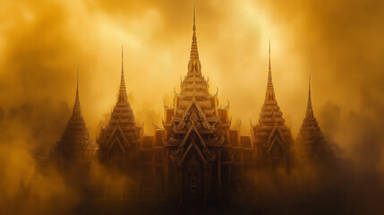 Abstract conceptual image of a Thai temple, golden spires and intricate carvings emerging against a foggy background