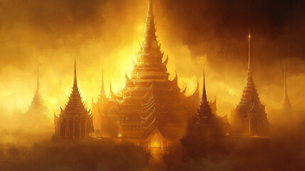 Abstract conceptual image of a Thai temple, golden spires and intricate carvings emerging against a foggy background