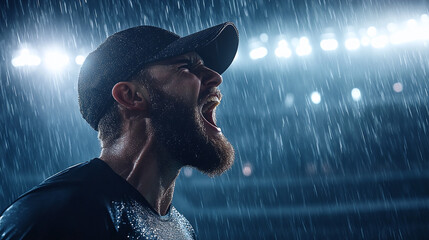  A passionate bearded athlete wearing a dark cap shouts under dramatic stadium lights and rain, conveying raw emotion, intensity, and determination in sports.