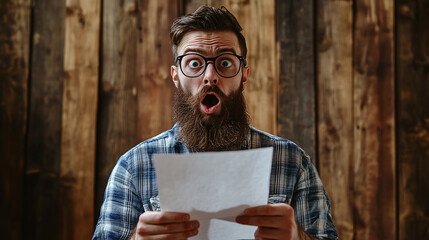A shocked bearded man wearing glasses holds a document in disbelief against a rustic wooden background, conveying surprise, emotion, and unexpected news.
