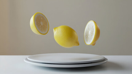 Dynamic poster with floating lemon slices in a dynamic layout, ow lemons with green leaves on white background,Fresh lemon slices and pieces falling into bowl 