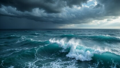 Obraz premium Stormy Ocean Waves with Dark Clouds and Dramatic Lighting for Concept World Water Day 