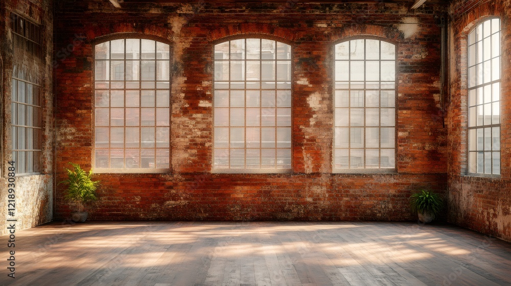 Poster Sunlight illuminating empty loft with large windows and brick walls