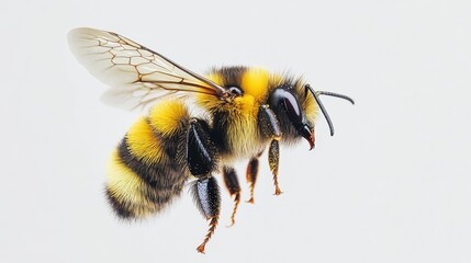Detailed close up of a bumblebee in flight against a white background showing its wings