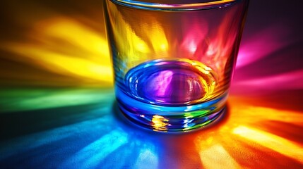 Colorful light rays illuminate an empty glass.