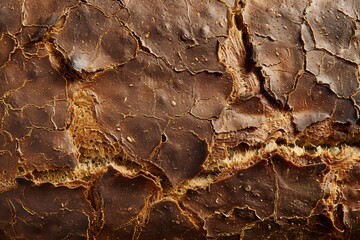 Fototapeta premium Cracked surface of a rustic bread loaf showcasing texture and artisanal baking techniques in a warm kitchen environment