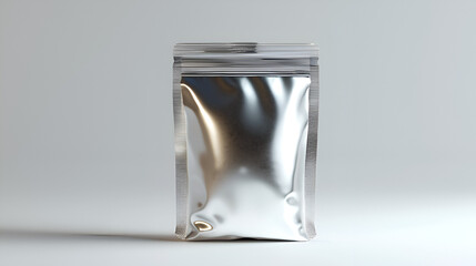 Fototapeta premium Silver foil pouch, stand-up, resealable, empty, product packaging mockup. Ideal for branding and design.