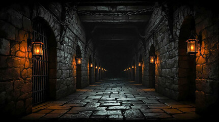 Dark Dungeon Corridor with Lanterns and Stone Walls