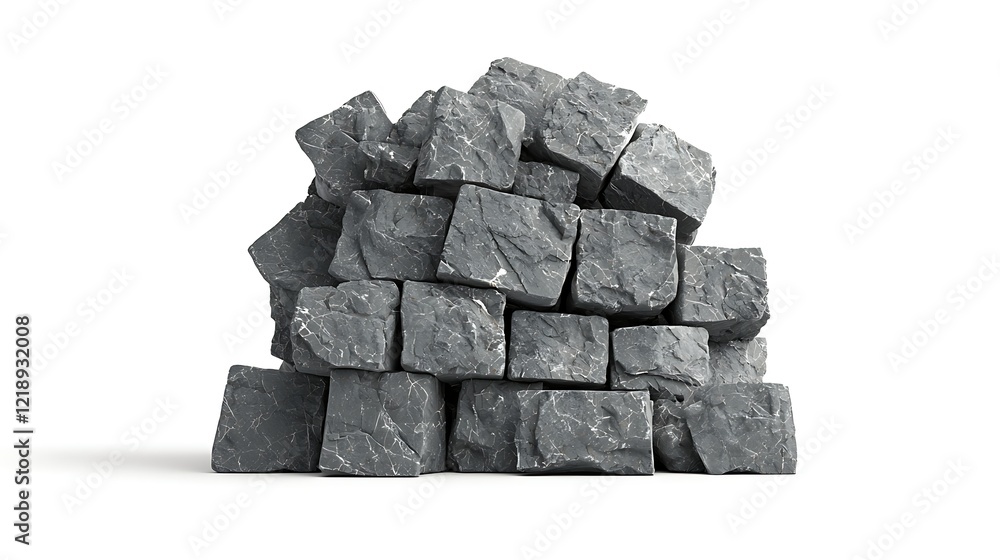 Poster a stack of gray stone blocks arranged haphazardly, showcasing their rough texture and solid form aga