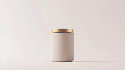 Elegant beige container with a gold lid, perfect for cosmetics, supplements, or other products.  Minimalist design, clean background.