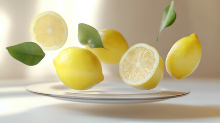 Dynamic poster with floating lemon slices in a dynamic layout, ow lemons with green leaves on white background,Fresh lemon slices and pieces falling into bowl 
