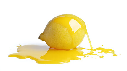 A playful  background with a lemon yellow merging into a vibrant coral, yellow honey flowing down on lemon,water splash on orange with mint isolated on white