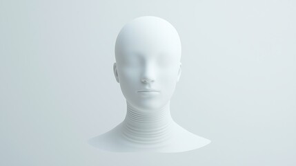 A minimalist, white mannequin head is displayed against a soft gray background, emphasizing its smooth features and abstract design.