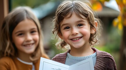 Over-the-shoulder view of a child showing their certificate to a friend, both smiling in admiration