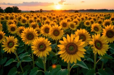 Obraz premium A breathtaking view of yellow sunflowers in the rays of sunlight. Ukraine agrarian region, Europe. Ecology concept. Industry of agronomy. Photo wallpaper. Image of cultivation land. Beauty of earth.