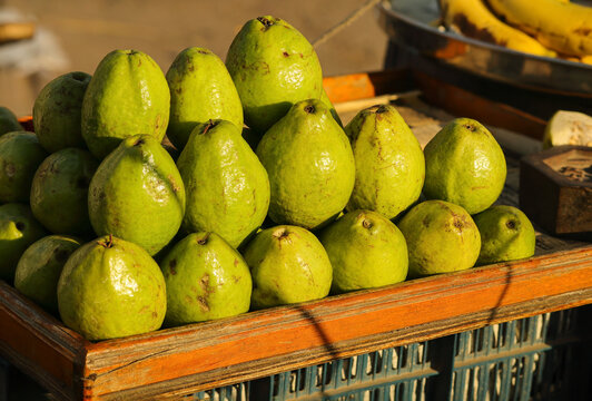 Close-up photo of guava in market. Fruits background. Texture green guava. beautiful and appetizing. several fruits of Psidium guajava on the shelf. Pile of Delicious (Psidium guajava Linn.).