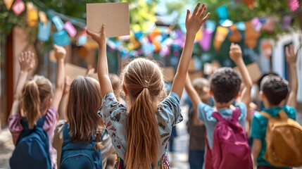 Fototapeta premium Rear view of a group of kids waving at the camera with certificates in hand, the schoolyard vibrant with decorations