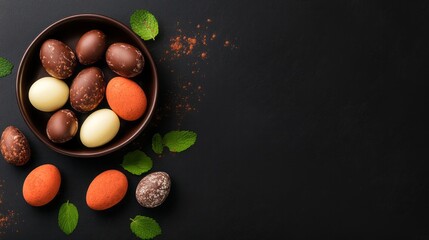 A bowl filled with glossy chocolate eggs, set on a black background, dessert concept. Copy space. The concept of sweet food.