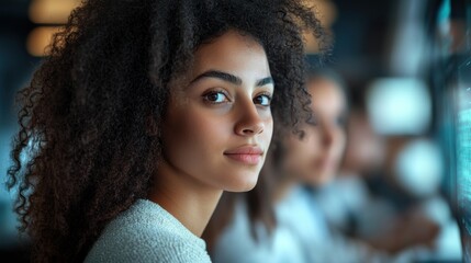 Fototapeta premium Young woman with curly hair focused on computer screen in a modern workspace during the daytime