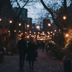 A couple walking down closely a cobblestone street