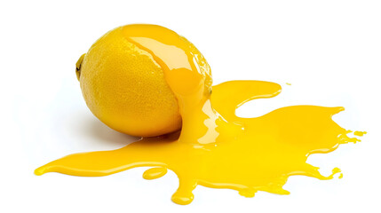 A playful  background with a lemon yellow merging into a vibrant coral, yellow honey flowing down on lemon,water splash on orange with mint isolated on white