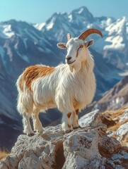 Obraz premium Majestic goat standing on rocky terrain with snow-capped mountains in the background during a sunny day
