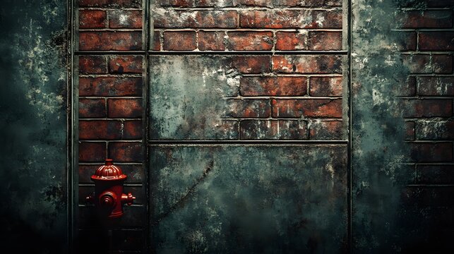 Grungy Red Fire Hydrant on Old Brick Wall Background
