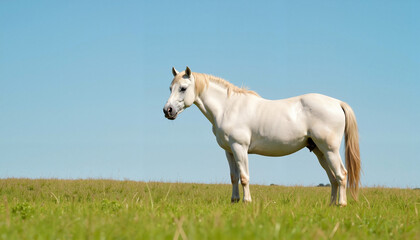 Serene Palomino Horse Standing Peacefully in Lush Green Landscape with copy space