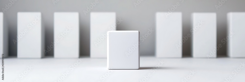 Poster a minimalist scene featuring a central white box surrounded by several identical boxes, creating a s