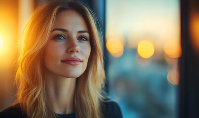 Fototapeta premium Woman, blonde hair, sunset view, city lights, pensive mood, portrait