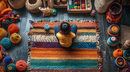 Bird s-eye view of a child sitting on a colorful rug, surrounded by handmade graduation crafts