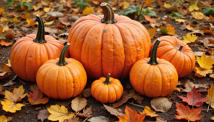 Naklejka premium Rustic Autumn Pumpkin Arrangement Capturing Seasonal Harvest Abundance with copy space