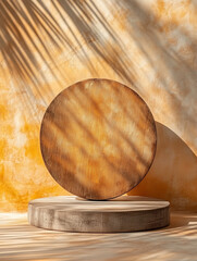Wooden podium for product presentation with golden tones and shadow patterns