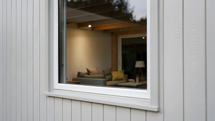 Fototapeta premium Glass window frame house interior on white wall