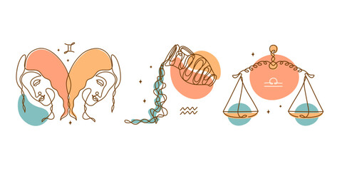 Gemini, aquarius, libra, air element zodiac signs. Horoscope mystical symbols. Line art.