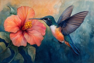 Obraz premium Colorful hummingbird flying near an hibiscus flower watercolor painting