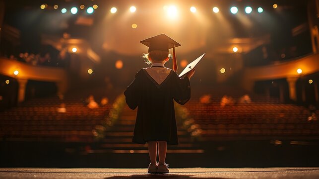 Wide-angle shot of a child standing on a small stage, striking a confident pose with their diploma held high